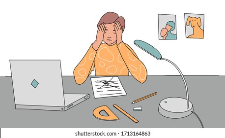 Boy at home in stress doing hard homework or prepare for exam upset about mistakes. schoolboy sitting at desk holding head. Vector illustration flat design