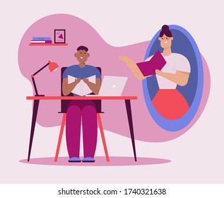 Boy at homeschooling in lesson with teacher, reads textbook, does homework. Tutor at home lesson. Metaphor futuristic scene teleportation. Vector character illustration of online home education