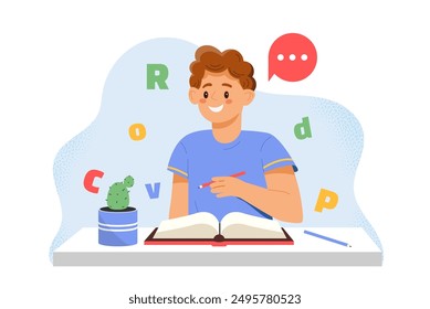 Boy with homework. Kid sits at table with book. Education and training. Schoolboy preparing for test or examination. Pupil studying at home. Flat vector illustration isolated on white background