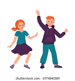 A boy in a hoodie and jeans and a girl in a skirt and shirt with red curly hair and freckles. Happy smiling kids dancing. Teenagers in casual clothes. World children day. Vector illustration