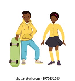 Boy in hoodie and jeans and girl in skirt and shirt with dark skin and black hair. Happy smiling African Americans kids and skateboard. Teenager in clothes. World children day. Vector illustration