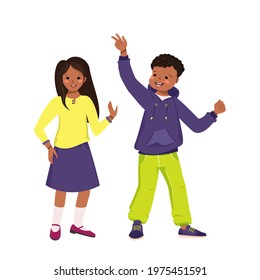 Boy in hoodie and jeans and girl in skirt and shirt with dark skin and black hair. Happy smiling African Americans kids dancing. Teenagers in casual clothes. World children day. Vector illustration