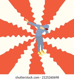 A boy in hoodie perform the dab dance against a wavy hallucinogenic background. Vector illustration.