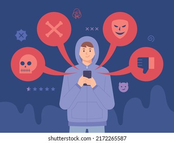 A boy in a hoodie is sending a bad message on his cellphone. Bad icons are formed around the boy. flat design style vector illustration.