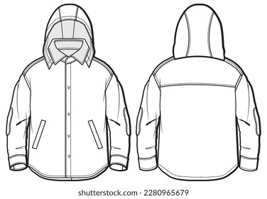 Boy Hoodie Shirt design flat sketch fashion illustration vector template with front and back view,  Toddler baby western Hooded shirt cad drawing mock up