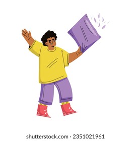 Boy Hooligan with Bad Behavior Fighting with Pillow Vector Illustration