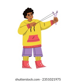 Niño Hooligan con mal comportamiento al disparar con vectores de palos falsificados Ilustración