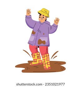 Boy Hooligan with Bad Behavior Splashing in Dirty Puddle Vector Illustration