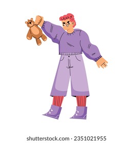 Boy Hooligan with Bad Behavior Teasing Somebody with Toy Bear Vector Illustration