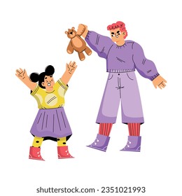 Boy Hooligan with Bad Behavior Teasing Girl Not Giving Her Toy Bear Vector Illustration