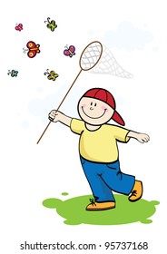 boy with hoop-net and butterflies