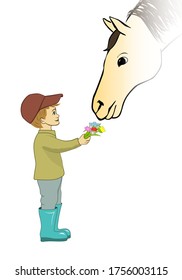 Boy and horse. Boy giving to horse flowers to smell. Good friendship Cartoon style vector illustration