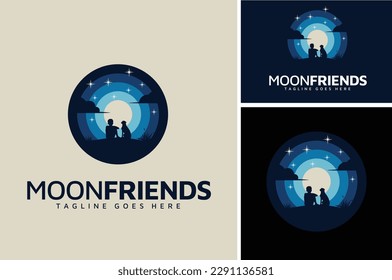 A Boy with Hound Dog sitting on grass Silhouette enjoying a Night with Full Moon Moonlight Outdoor View illustration logo design