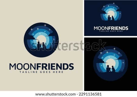 A Boy with Hound Dog sitting on grass Silhouette enjoying a Night with Full Moon Moonlight Outdoor View illustration logo design