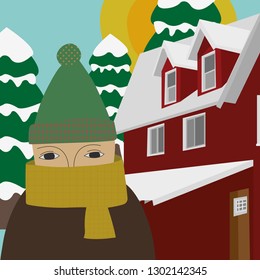 Boy with house winter day vector design illustration, man, snowy day, pine trees, snow