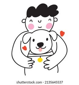 Boy hug dog. Outline vector illustration on white background.