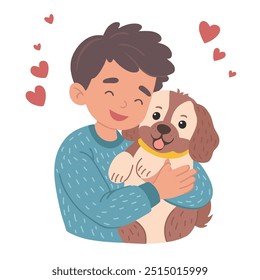 Junge umarmt Hund. Junger Mann umarmt Welpe mit Liebe. Kid und Hund Vektorgrafik, Kinder Welpe Freund, Welpe Tierbesitzer glücklich Kind Cartoon Vektorgrafik