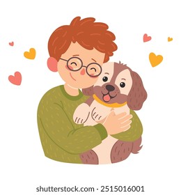 Boy hug dog. Young man hugging puppy with love. Kid and dog vector illustration, children puppy friend, pup animal owner happy child cartoon vector illustration