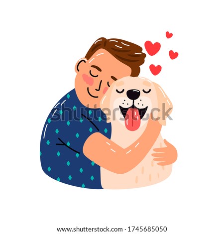 Boy hug dog. Young man hugging puppy with love, cozy relaxing friendship of man and pet, sketch with red hearts isolated on white background, vector illustration