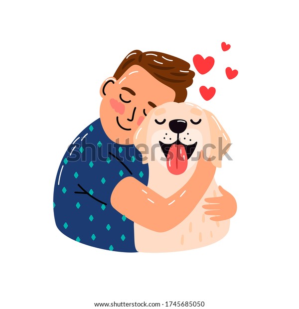 Boy Hug Dog Young Man Hugging Stock Vector (Royalty Free) 1745685050