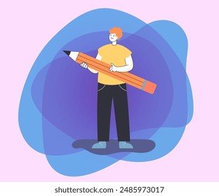 Boy with huge pencil flat vector illustration. Male cartoon character drawing with pencil. Hobby, education, leisure activity concept