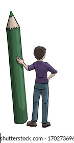 A boy with a huge pencil, vector illustration