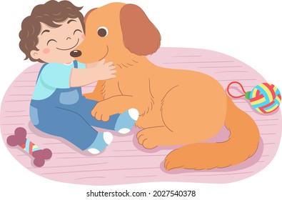 The boy hugged the dog and sat on the ground happily, with dog toys on the side