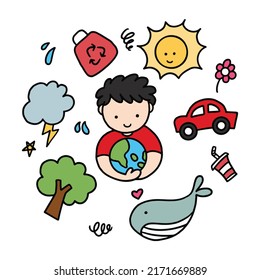 the boy hugged the globe of the earth hand drawn design. illustrations for international Earth Day