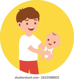 Boy hugging baby with warm smile, showing love, care, and bonding moment in minimal cute flat vector style design.