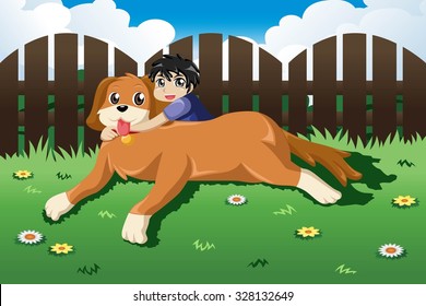 Boy hugging Big Dog Outdoor