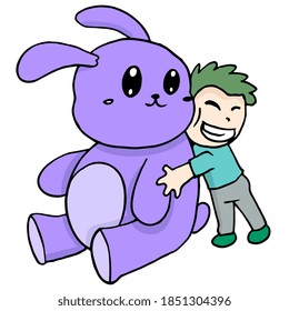 un niño está abrazando un conejo relleno. emoticono de mascota de ilustraciones de dibujos animados