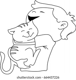 Boy hugging a cat line art