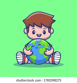 Boy Hugging Cute Earth Cartoon Vector Icon Illustration. People Earth Icon Concept Isolated Premium Vector. Flat Cartoon Style 