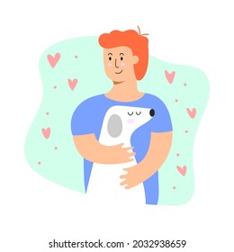 Boy Hugging Cute Pet Dog Vector Template. This design can be used in Adopt Pet, Pet Care, Pet products and T shirt design.