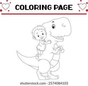 boy is hugging dinosaur coloring page for kids