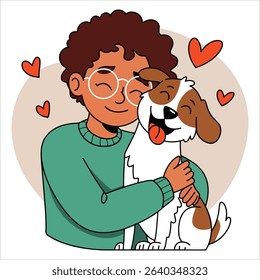 Boy hugging dog joyful vector illustration. Heartwarming pet friendship cartoon for children's themes.