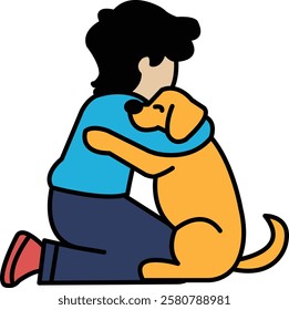 A boy is hugging a dog. The boy is wearing a blue shirt and blue jeans. The dog is wearing a yellow collar