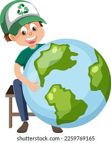 A boy hugging earth globe illustration