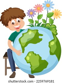 A boy hugging earth globe illustration