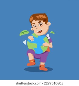 Niño abrazando un globo con la palabra tierra en ella ilustración de arte vector