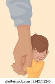 A boy hugging his parent's arm. Happy Father's Day or Mother's Day simple vector illustration of a child and father or mother.