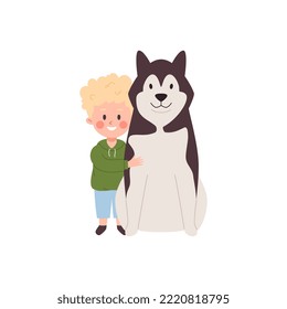Boy hugging a huge husky flat cartoon vector illustration isolated on white background. Little cute child with his pet shows love and care for his dog.