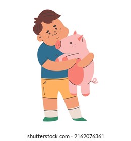 Boy hugging piggy vector cartoon illustration isolated on a white background.