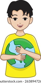 A Boy is Hugging Planet Earth with a Joyful Expression that Shows a Loving Attitude towards the Earth