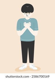 A boy hugging self and crying in child mental health concept. flat vector illustration.