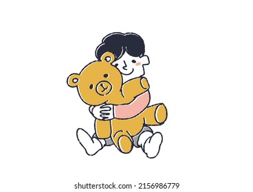 Niño abrazando a un oso de peluche Comical persona manuscrita Vector, dibujo de línea cálida