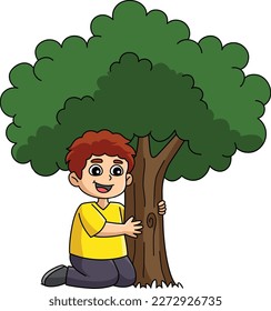 Boy Hugging a Tree Cartoon Colored Clipart 