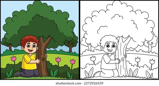Boy Hugging a Tree Coloring Page Illustration