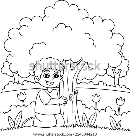 Boy Hugging a Tree Coloring Page for Kids