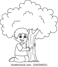 Boy Hugging a Tree Isolated Coloring Page for Kids